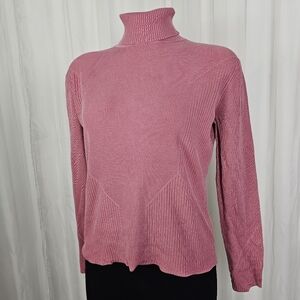 Jones New York Country Classic Ribbed Silk Turtleneck Sweater Rose Pink Large